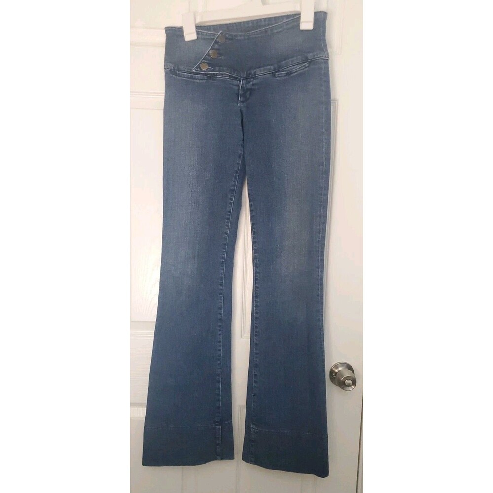 Vintage Serfontaine Women Jeans Size 26 'Belted' Long Flare 28x34 Assymetric